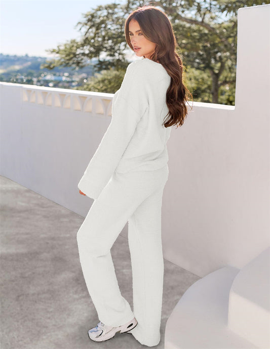 Women's 2-Piece Clothing Set, Fuzzy Wool Pajama Set Long Sleeve Loungewear, Black L V1237-ZY-203-3613