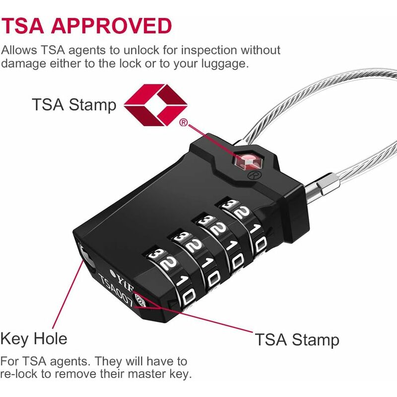 Luggage Lock, TSA 4-Digit Combination Lock for Suitcase with Opening Alarm, Code Lock Gym Cable Lock (1 V1237-ZY-203-3639