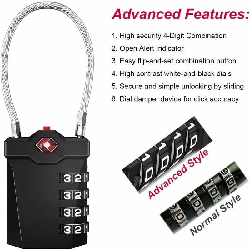 Luggage Lock, TSA 4-Digit Combination Lock for Suitcase with Opening Alarm, Code Lock Gym Cable Lock (1 V1237-ZY-203-3639