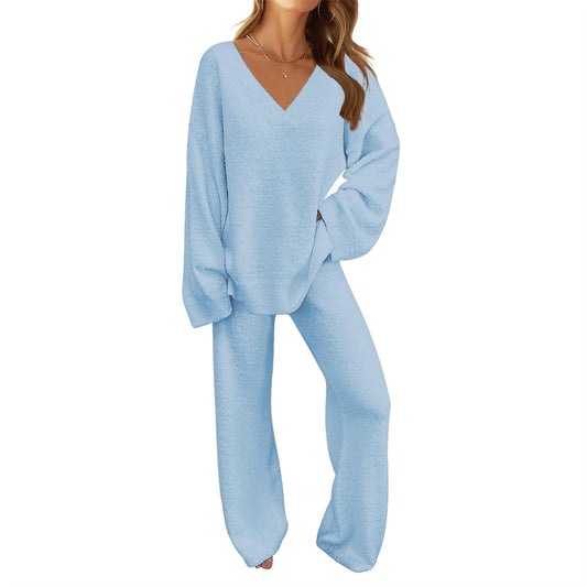 Women's 2-Piece Set Fuzzy Fleece Pajamas Set Long Sleeve Loungewear Blue Blue Blue M V1237-ZY-203-3655