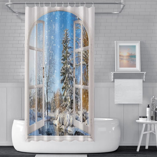 Winter Snowy Shower Curtain, Window View Blue Sky Winter Christmas Tree River Nature Snowy Scene Bath V1237-ZY-203-3662