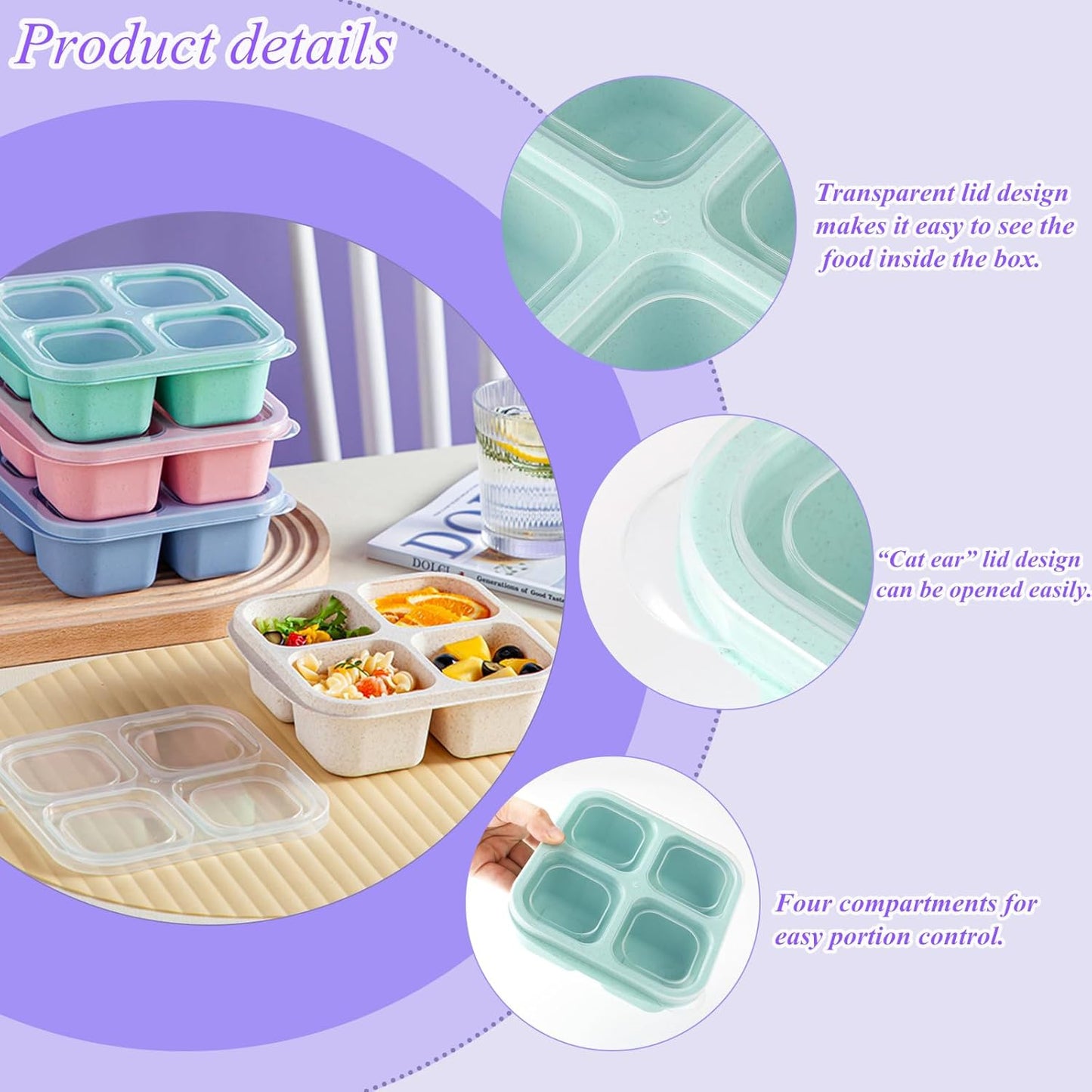 4-pack snack boxes with compartments, snack containers for kids and adults, 4-compartment bento lunch boxes V1237-ZY-203-3681