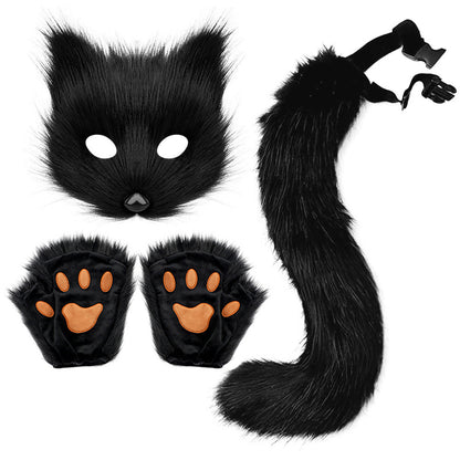 Therian Paws Fur Mask & Tail Set Girly Cat Mask Halloween Party Costume Black V1237-ZY-203-3687
