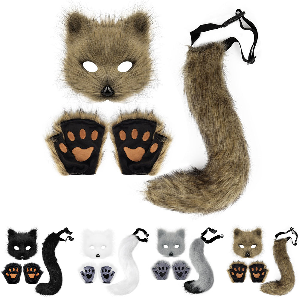 Therian Paws Fur Mask & Tail Set Girly Cat Mask Halloween Party Costume Black V1237-ZY-203-3687