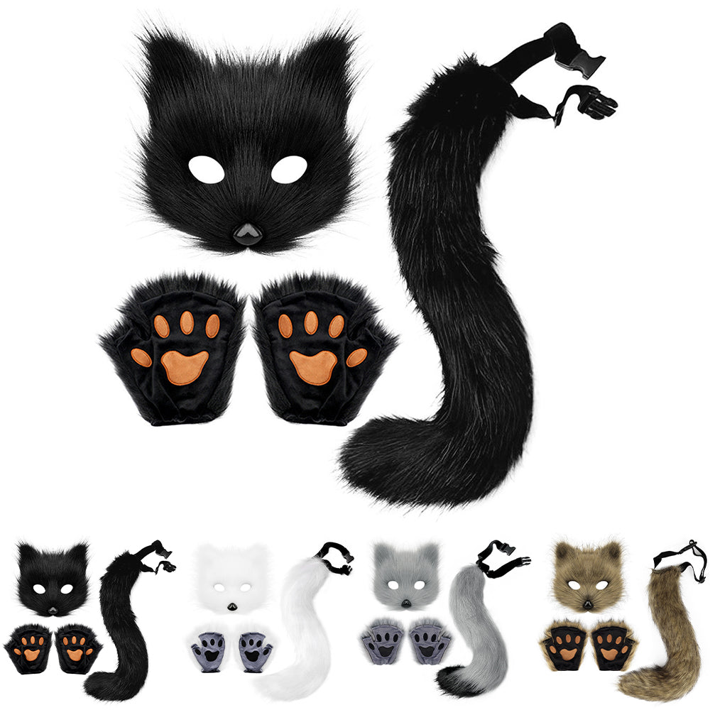 Therian Paws Fur Mask & Tail Set Girly Cat Mask Halloween Party Costume Black V1237-ZY-203-3687