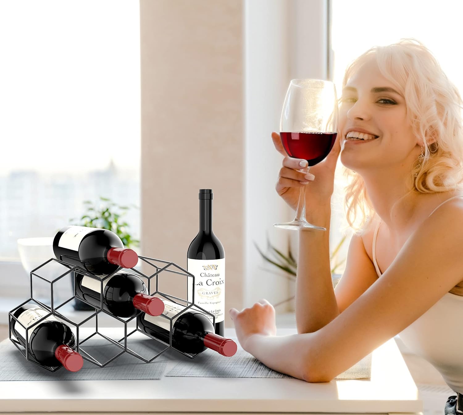 Freestanding Metal Wine Rack for 9 Bottles - Black, Tabletop Wine Rack V1237-ZY-203-3790