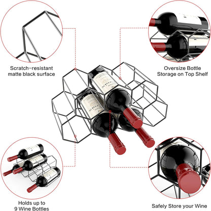 Freestanding Metal Wine Rack for 9 Bottles - Black, Tabletop Wine Rack V1237-ZY-203-3790