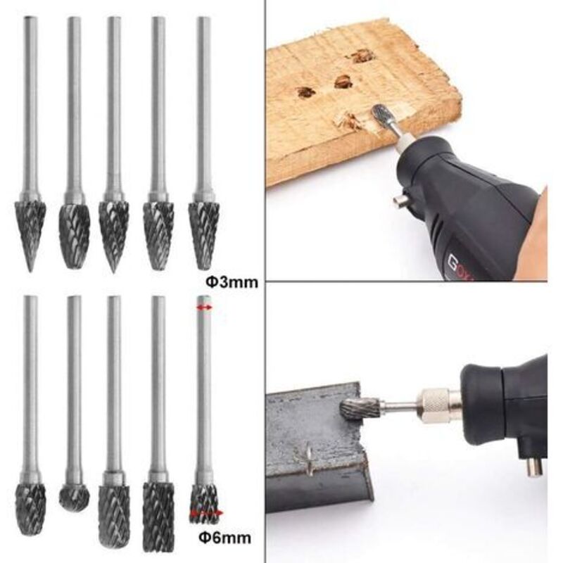 10pcs Double Cut Tungsten Steel Rotary Files with 3mm Shank, Twist Drill Bits for Dremel Rotary Tools V1237-ZY-203-3818
