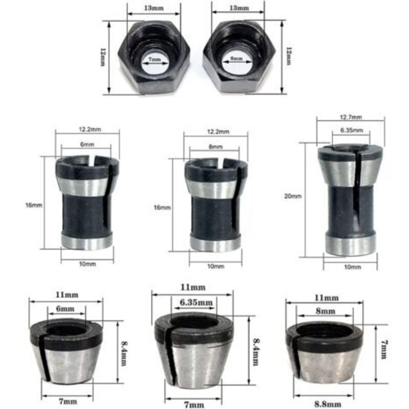 Milling Chuck - Set of 6, Countersunk Collet (6 mm, 6.35 mm, 8 mm), Router Collet, Collet Adapter V1237-ZY-203-3867