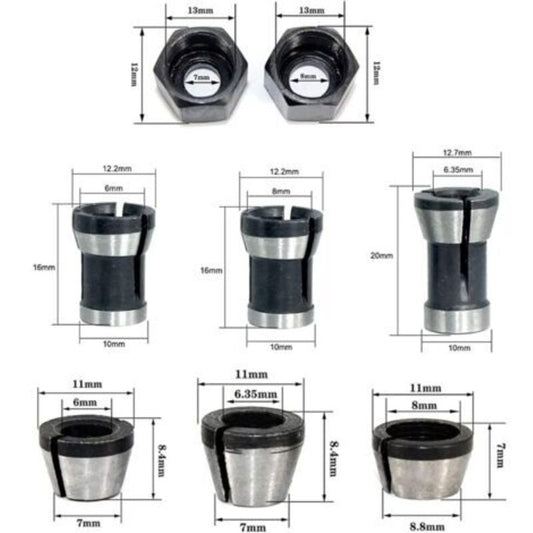 Milling Chuck - Set of 6, Countersunk Collet (6 mm, 6.35 mm, 8 mm), Router Collet, Collet Adapter V1237-ZY-203-3867