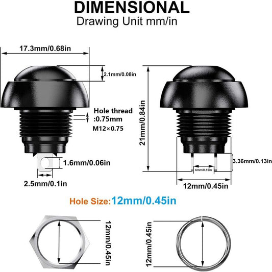 12mm Waterproof Momentary Push Button Switch SPST ON/OFF 12pcs 3A/3V-5V-9V-12V-24V-230VAC Round for Car Horn V1237-ZY-203-3886