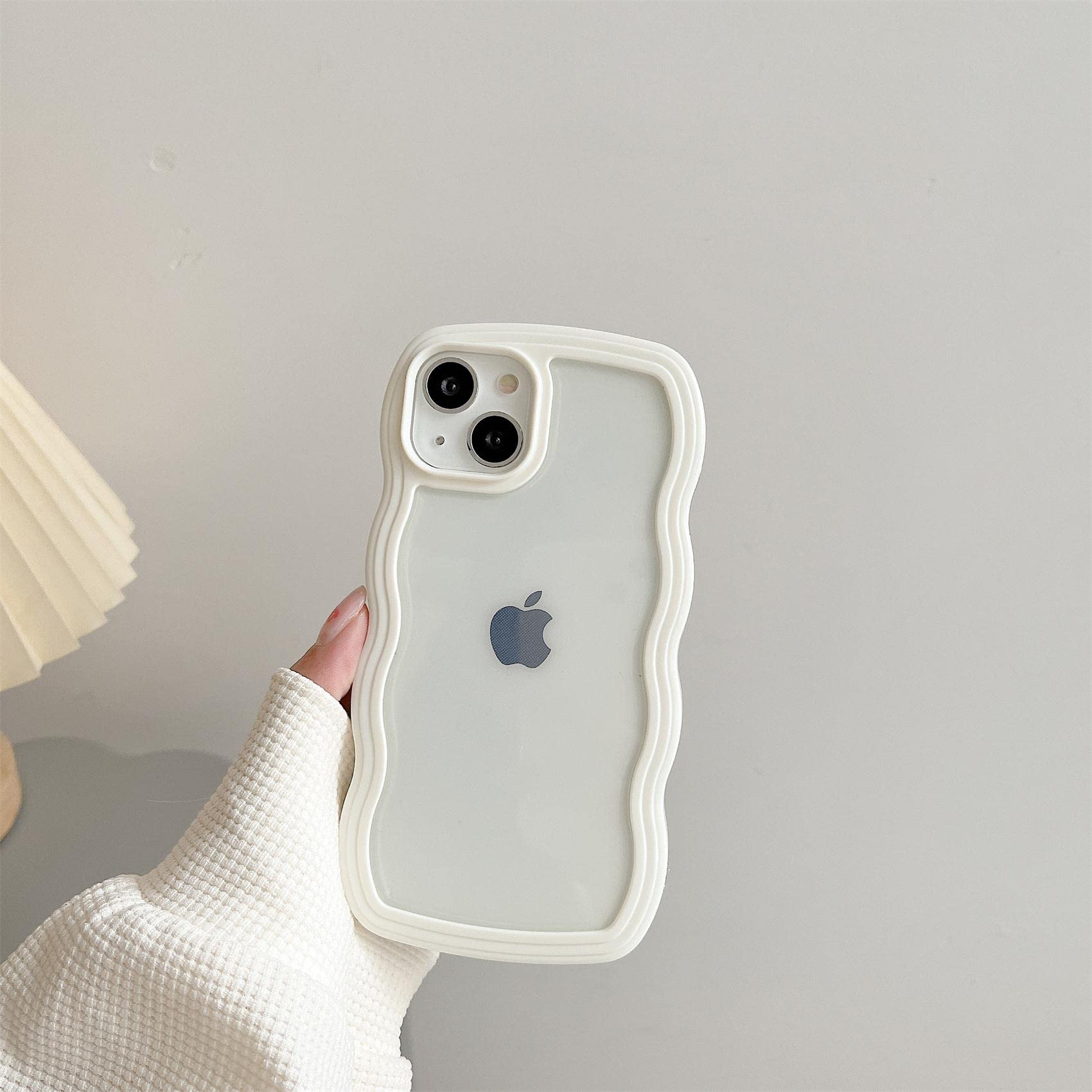 Transparent Cute Curly Simple Wavy Case, Aesthetic Design Bumper, Soft TPU for iPhone 14 Pro Max-White V1237-ZY-203-3937