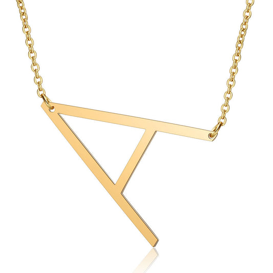 Women's Necklace with Side Block Shaped Initial Letter, Stainless Steel English Letter Necklace, Gold, AA V1237-ZY-203-4046