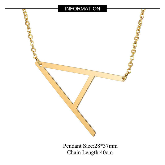 Women's Necklace with Side Block Shaped Initial Letter, Stainless Steel English Letter Necklace, Gold, AA V1237-ZY-203-4046