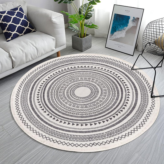 Grey Round Woven Cotton Rug with Fringes 120cm Washable Absorbent Rug Moroccan Style Print 120*120CM-yux V1237-ZY-203-4061