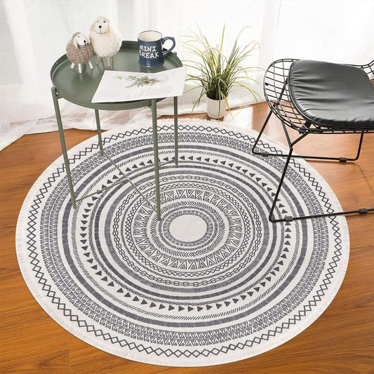 Grey Round Woven Cotton Rug with Fringes 120cm Washable Absorbent Rug Moroccan Style Print 120*120CM-yux V1237-ZY-203-4061