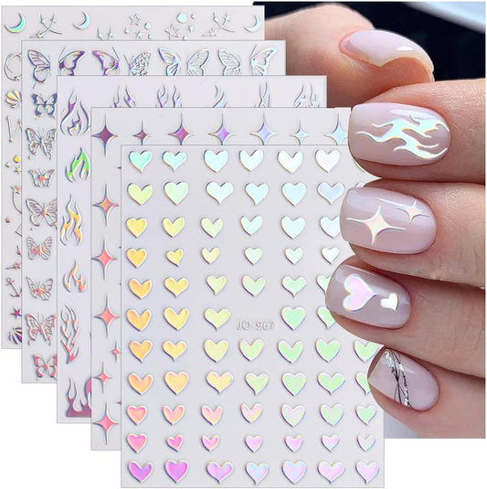 Sheets Aurora Nail Stickers 3D Holographic Laser Heart Star Moon Flame Flower Butterfly Nail Decals V1237-ZY-203-4213