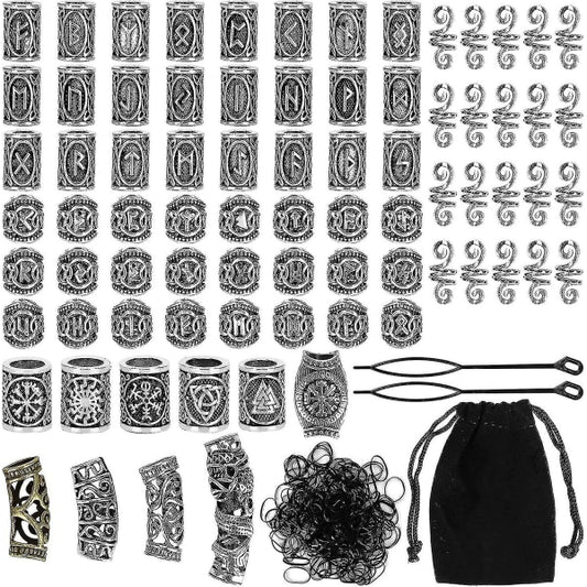 Kryc 80 Rune Beads Set With 300 Rubber Bands, Viking Beard Beads, Antique DIY Hair And Beard Beads, Nordic V1237-ZY-203-4356