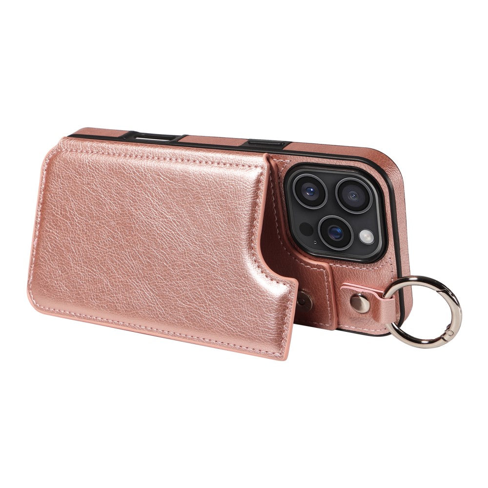 SKALO iPhone 16 Pro Max PU Leather Card Holder with Ring Case - Rose Gold Pink gold_yux V1237-ZY-203-4558