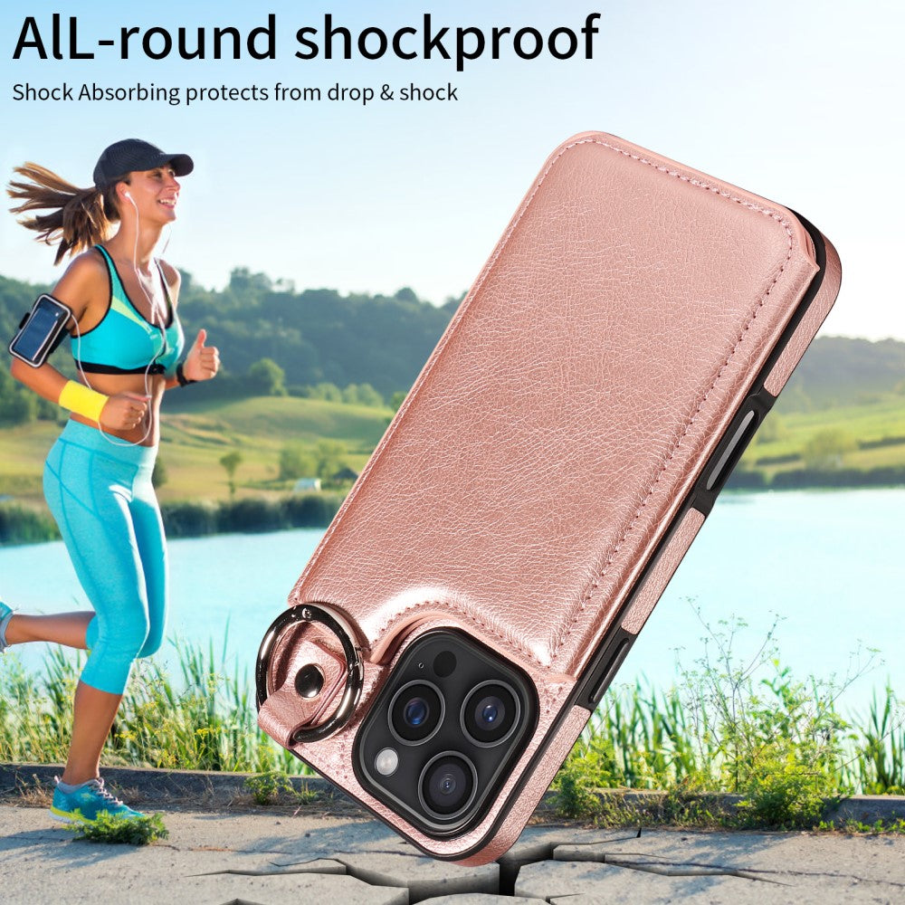 SKALO iPhone 16 Pro Max PU Leather Card Holder with Ring Case - Rose Gold Pink gold_yux V1237-ZY-203-4558