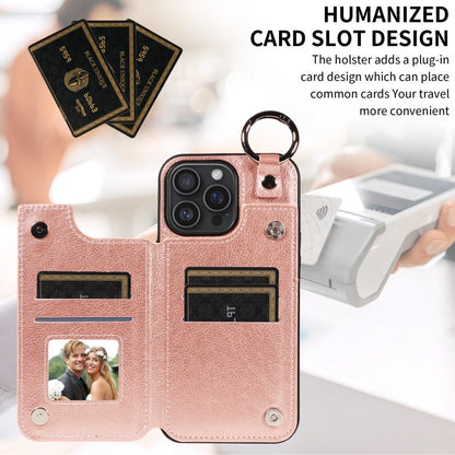 SKALO iPhone 16 Pro Max PU Leather Card Holder with Ring Case - Rose Gold Pink gold_yux V1237-ZY-203-4558