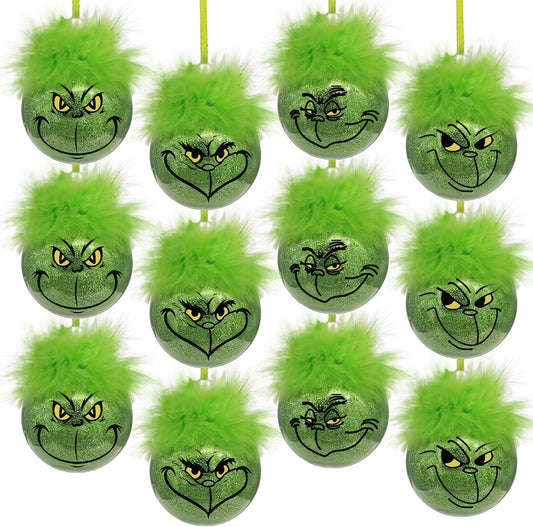 Christmas decorations for indoor use: 12 pcs cute Grinch Christmas tree baubles with fluffy green hair, V1237-ZY-203-4623
