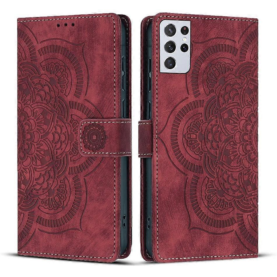 Mandala Embossed Retro Frosted Leather Phone Case Red For Samsung Galaxy S21 Ultra 5G V1237-ZY-203-4631