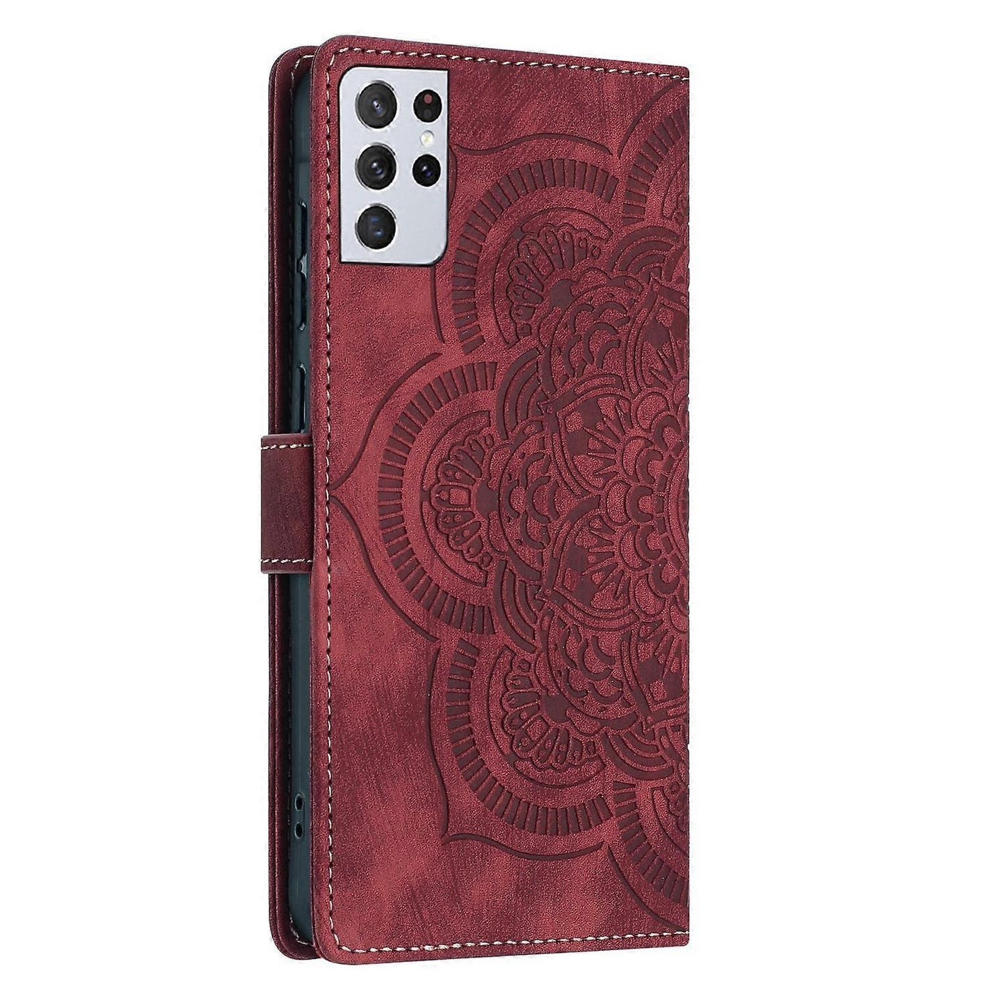 Mandala Embossed Retro Frosted Leather Phone Case Red For Samsung Galaxy S21 Ultra 5G V1237-ZY-203-4631