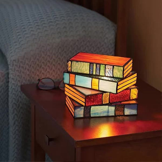 Stained Glass Stacked Books Lamp, Stacked Books Glass Lamp Night Light, Reading Corner Table Lamp, Book V1237-ZY-203-4666
