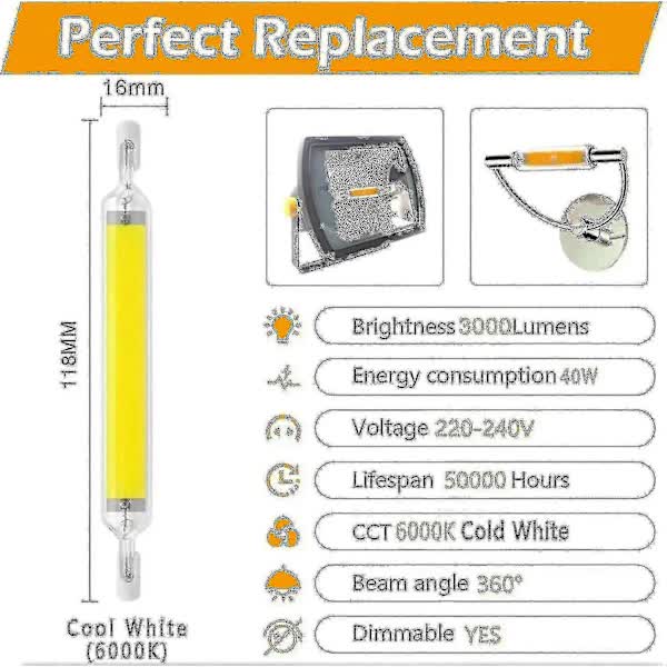 [CA] R7s 118mm 20w LED Bulb Cool White 6000k, 3000lm, J118 400w Halogen Bulb Equivalent, Dimmable, 360 Degree V1237-ZY-203-5171