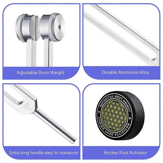 Tuning Forks for Healing, Set, 128Hz, 136.1Hz, 256Hz, 384Hz, with Hockey Puck Activator, for Chakras, Sound V1237-ZY-203-5202