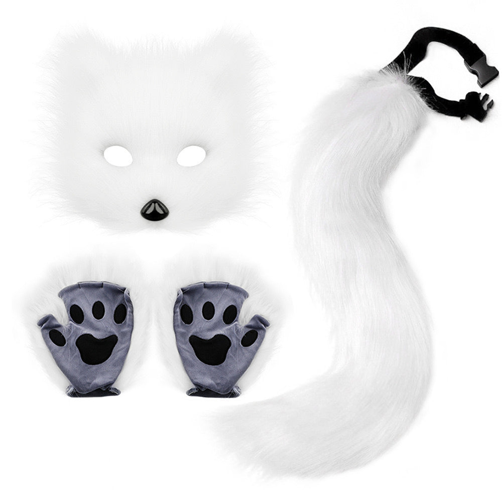Therian Paws Fur Mask & Tail Set Girly Cat Mask Halloween Party Costume_yux White V1237-ZY-203-5318