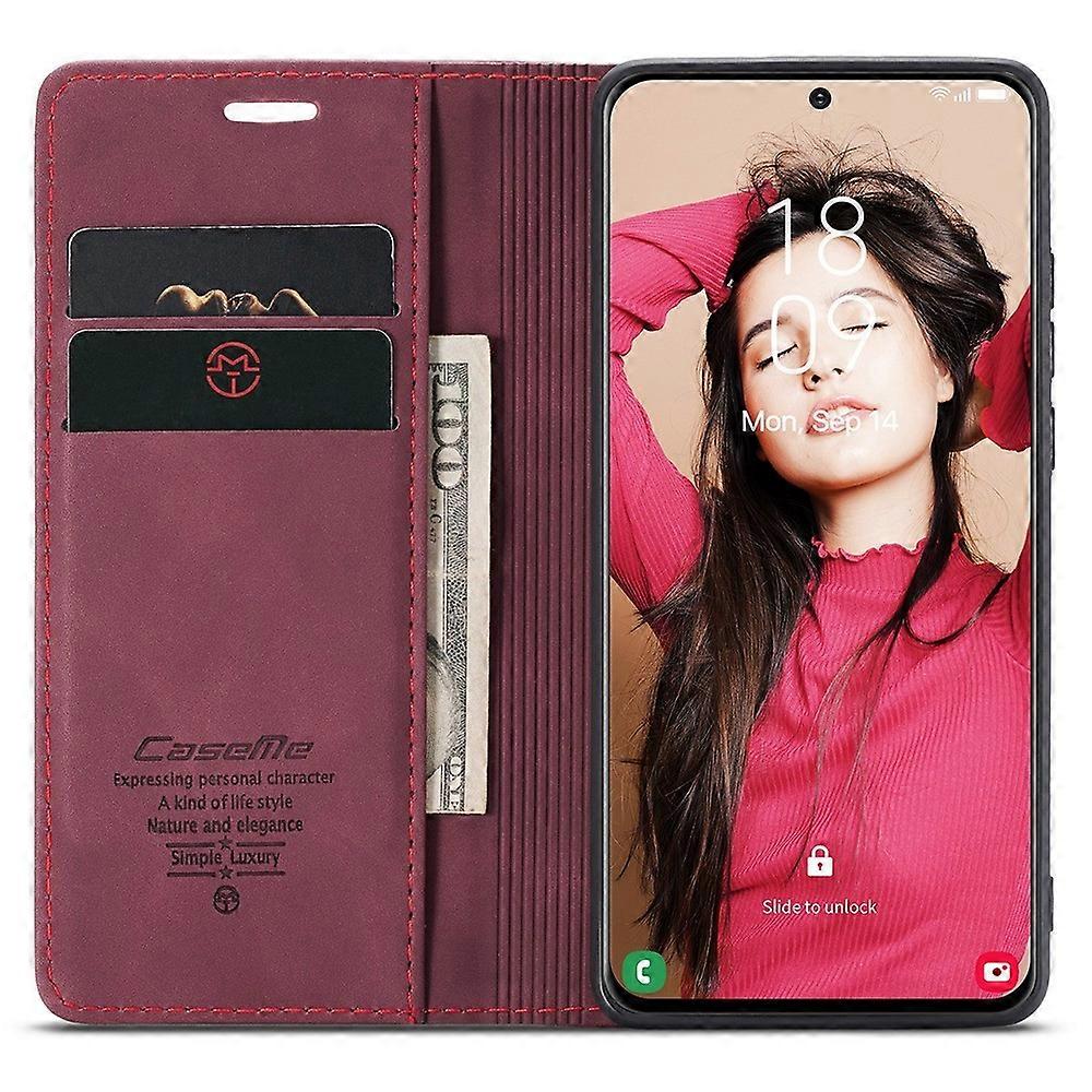 CASEME 013 Series Samsung Galaxy S21 FE Wallet Case Stand Automatic Suction PU Leather Case Red_yux Red Red V1237-ZY-203-5360