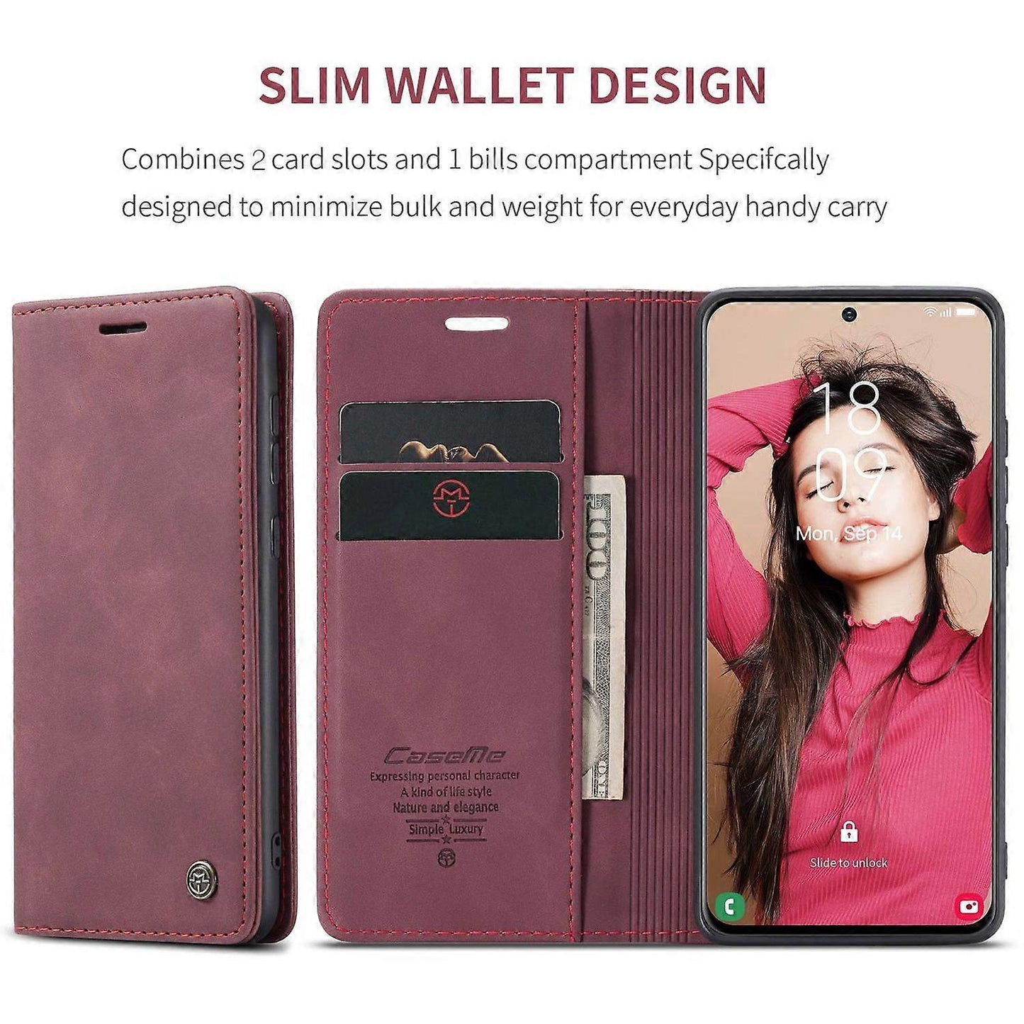 CASEME 013 Series Samsung Galaxy S21 FE Wallet Case Stand Automatic Suction PU Leather Case Red_yux Red Red V1237-ZY-203-5360