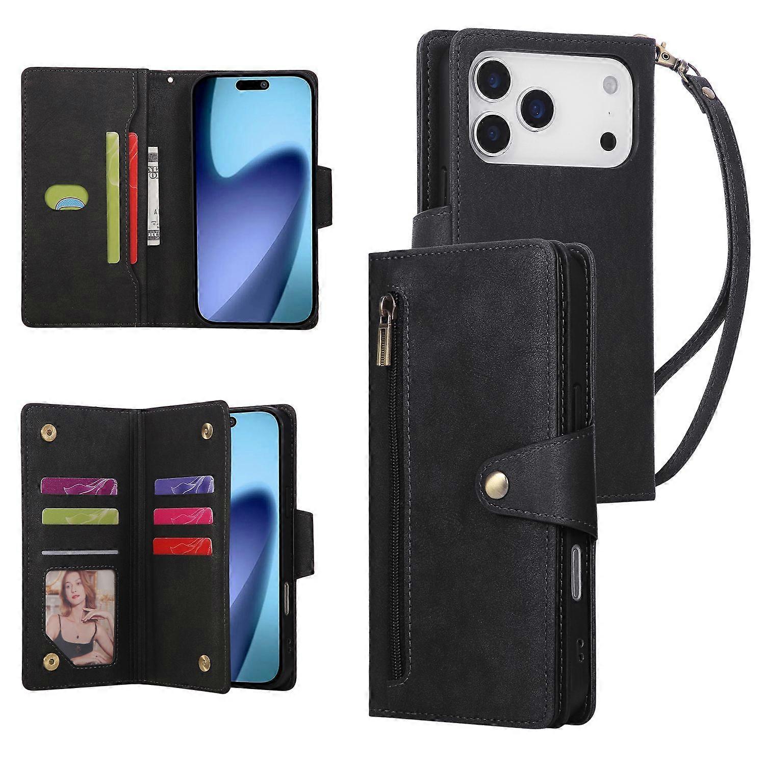 Compatible with iPhone 17 Pro Max Magnetic Leather Wallet Card Holder Black V1237-ZY-203-5416