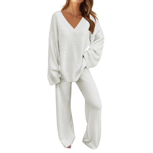 Women's 2-Piece Set Fuzzy Fleece Pajamas Set Long Sleeve Loungewear White White White S V1237-ZY-203-5442