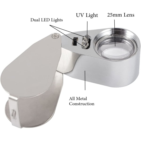 Jewelers Loupe 40X Magnification Metal Foldable Loupe with LED & UV Light V1237-ZY-203-5481