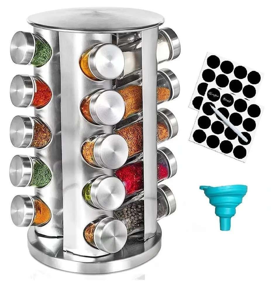 20 Glass Jars with Labels, Transparent, Rotating Spice Tower V1237-ZY-506-0001