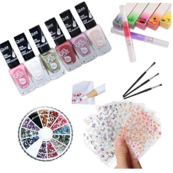 Nail kit with polish, rhinestones, and stickers, MultiColor decoration kit V1237-ZY-506-0065