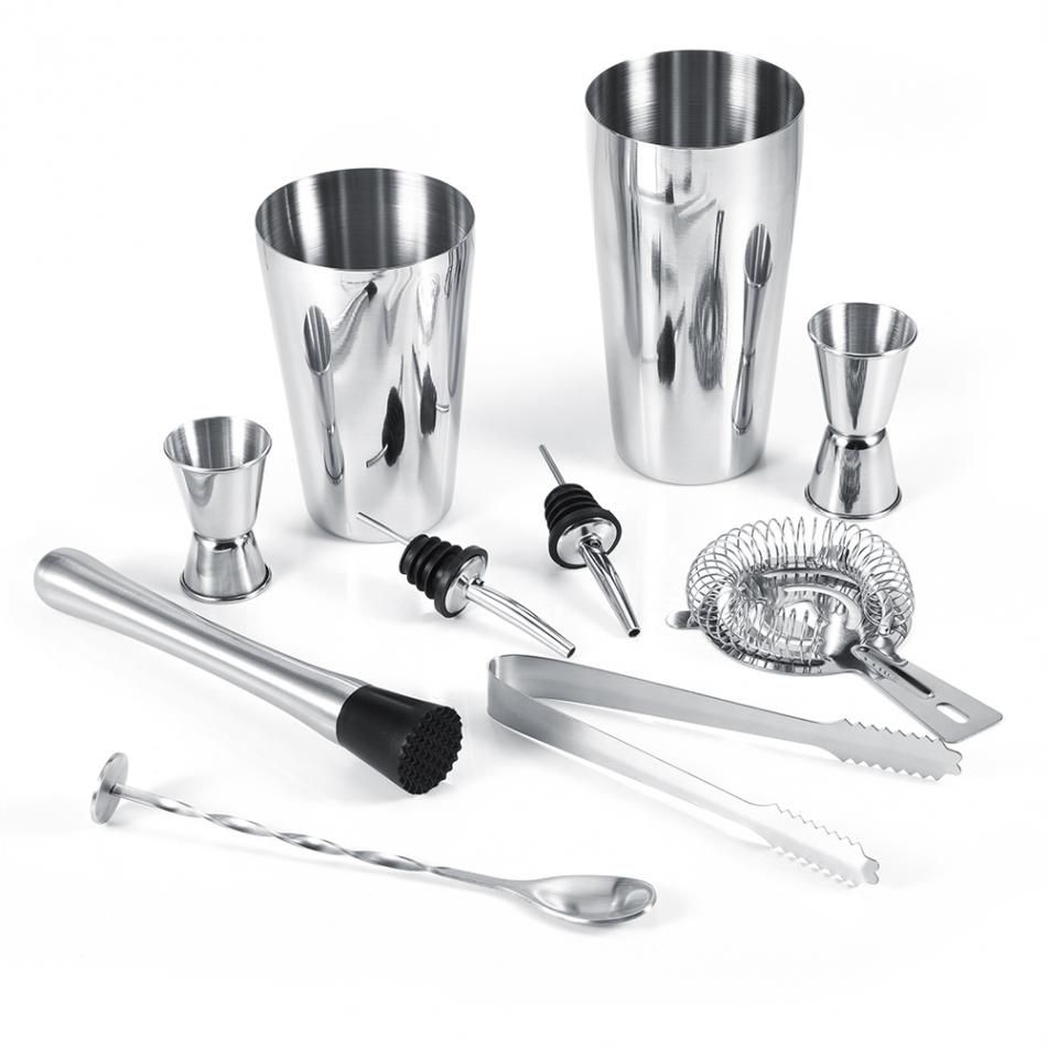 10-piece stainless steel cocktail set with 700ml shaker, bar accessories, silver V1237-ZY-506-0342