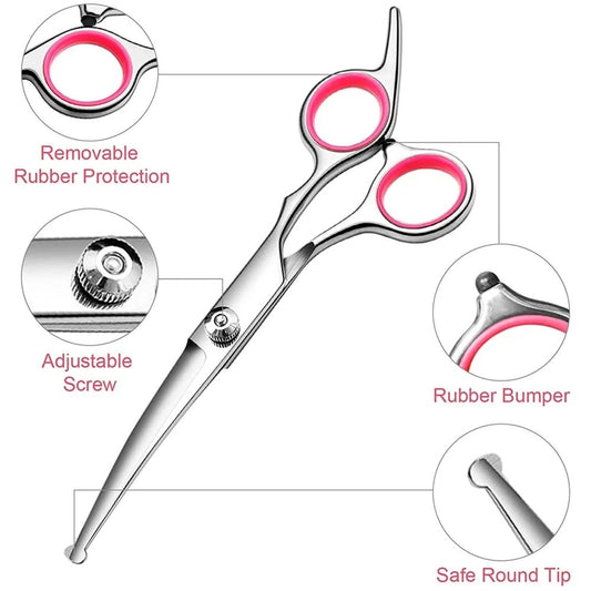 Curved Dog Scissors 19cm, Silver, Rounded Tip Pet Grooming Shears V1237-ZY-506-0349