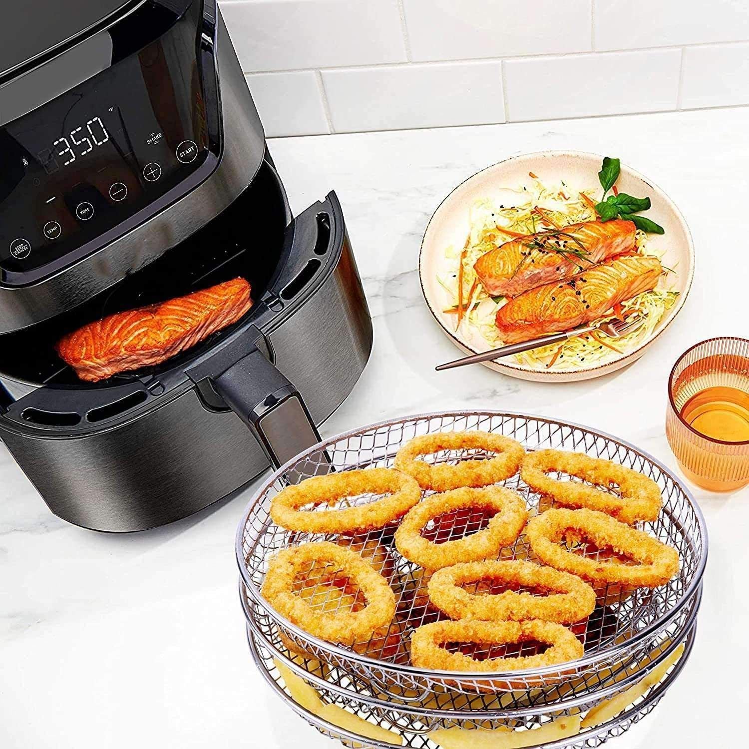 3pcs Air Fryer Basket Rack Stainless Steel Compartment, silver V1237-ZY-506-0414