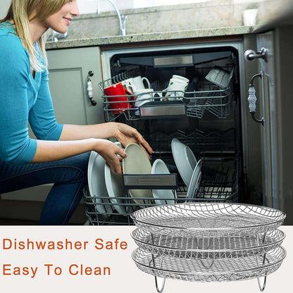 3pcs Air Fryer Basket Rack Stainless Steel Compartment, silver V1237-ZY-506-0414