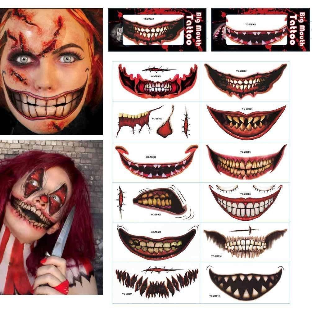 12pcs Halloween Wound Tattoo Mouth Tattoos, MultiColor V1237-ZY-506-0527