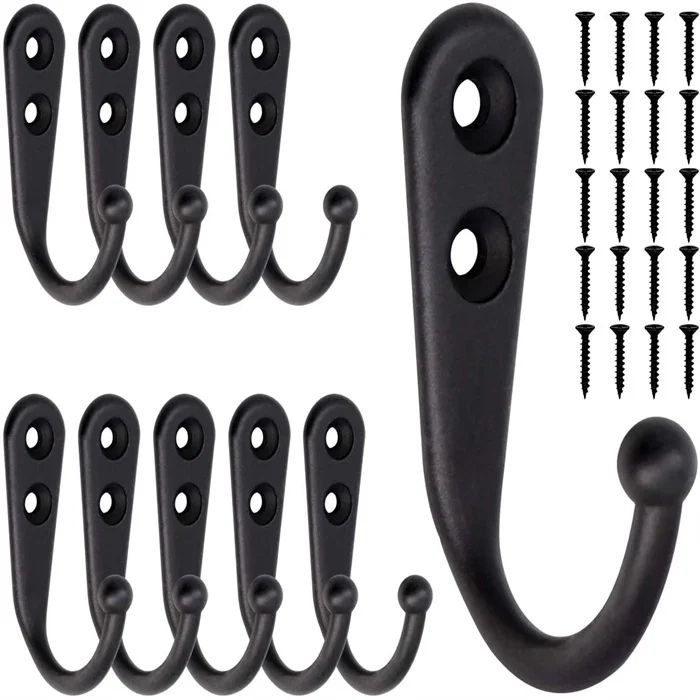 10pcs Black Wall Hooks with Screws, Coat Hangers V1237-ZY-506-0767