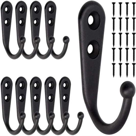 10pcs Black Wall Hooks with Screws, Coat Hangers V1237-ZY-506-0767
