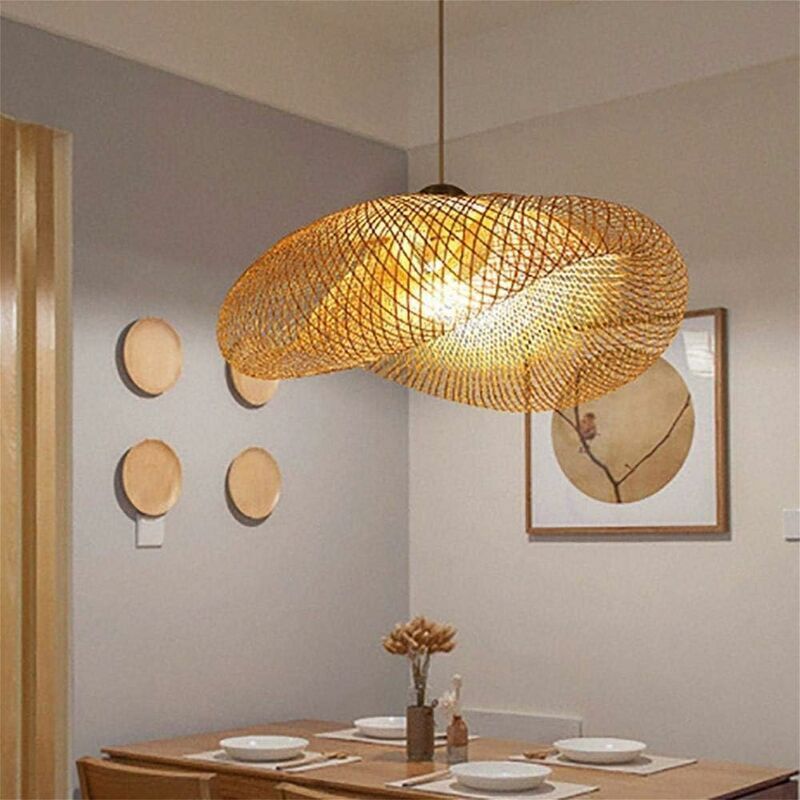 E27 Bamboo Rattan Pendant Light Vintage Adjustable Woven Chandelier for Dining Office Cafe, 40cm V1237-ZY-522-0025