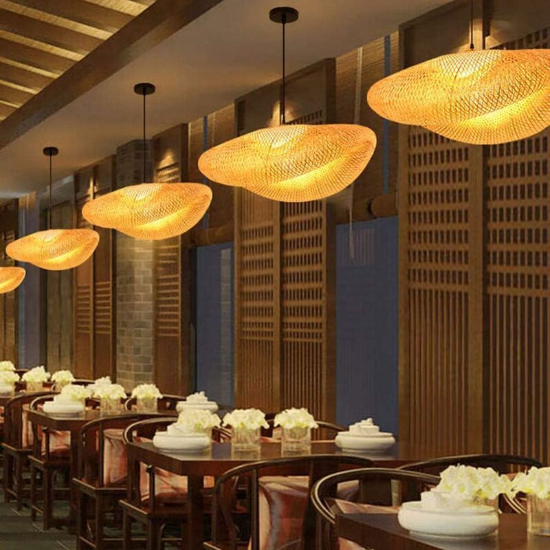 E27 Bamboo Rattan Pendant Light Vintage Adjustable Woven Chandelier for Dining Office Cafe, 40cm V1237-ZY-522-0025