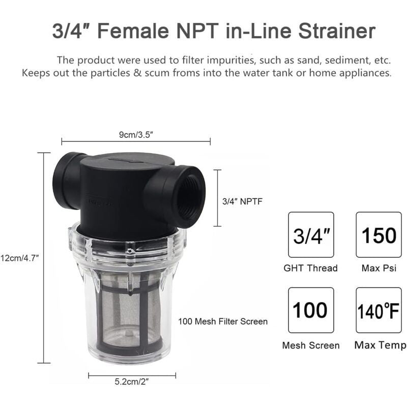 Water Pump Inline Filter with 100 Mesh Stainless Steel Strainer for Garden Watering, 0.75 Inch V1237-ZY-522-0029