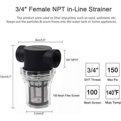 Water Pump Inline Filter with 100 Mesh Stainless Steel Strainer for Garden Watering, 0.75 Inch V1237-ZY-522-0029